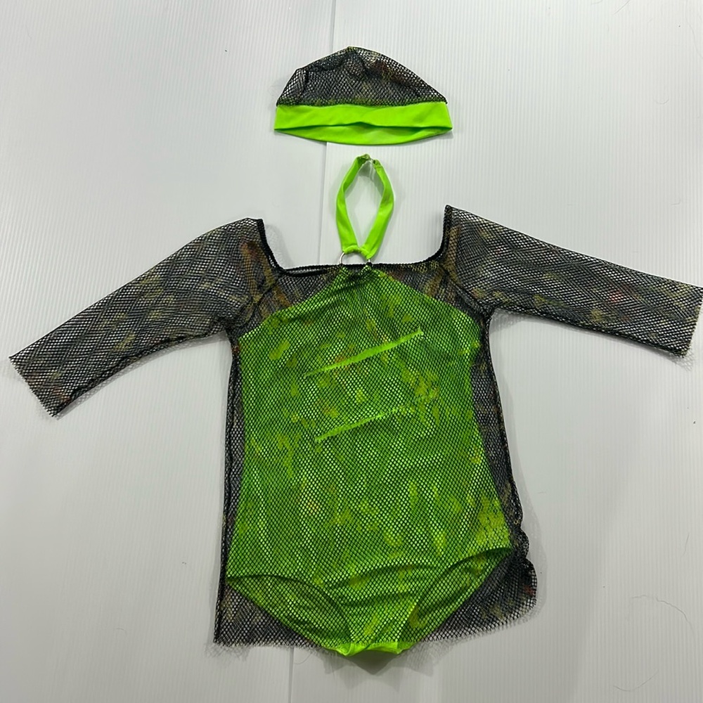 367. Kids‎ Revolution Neon Green leotard & hat (L)